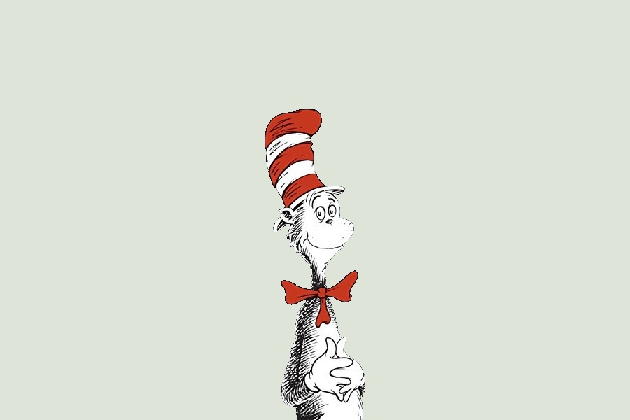 Dr. Seuss’s Cat in the Hat character on a muted sage background