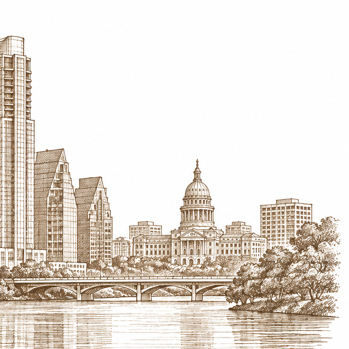 Drawing of the Texas State Capitol and Austin skyline