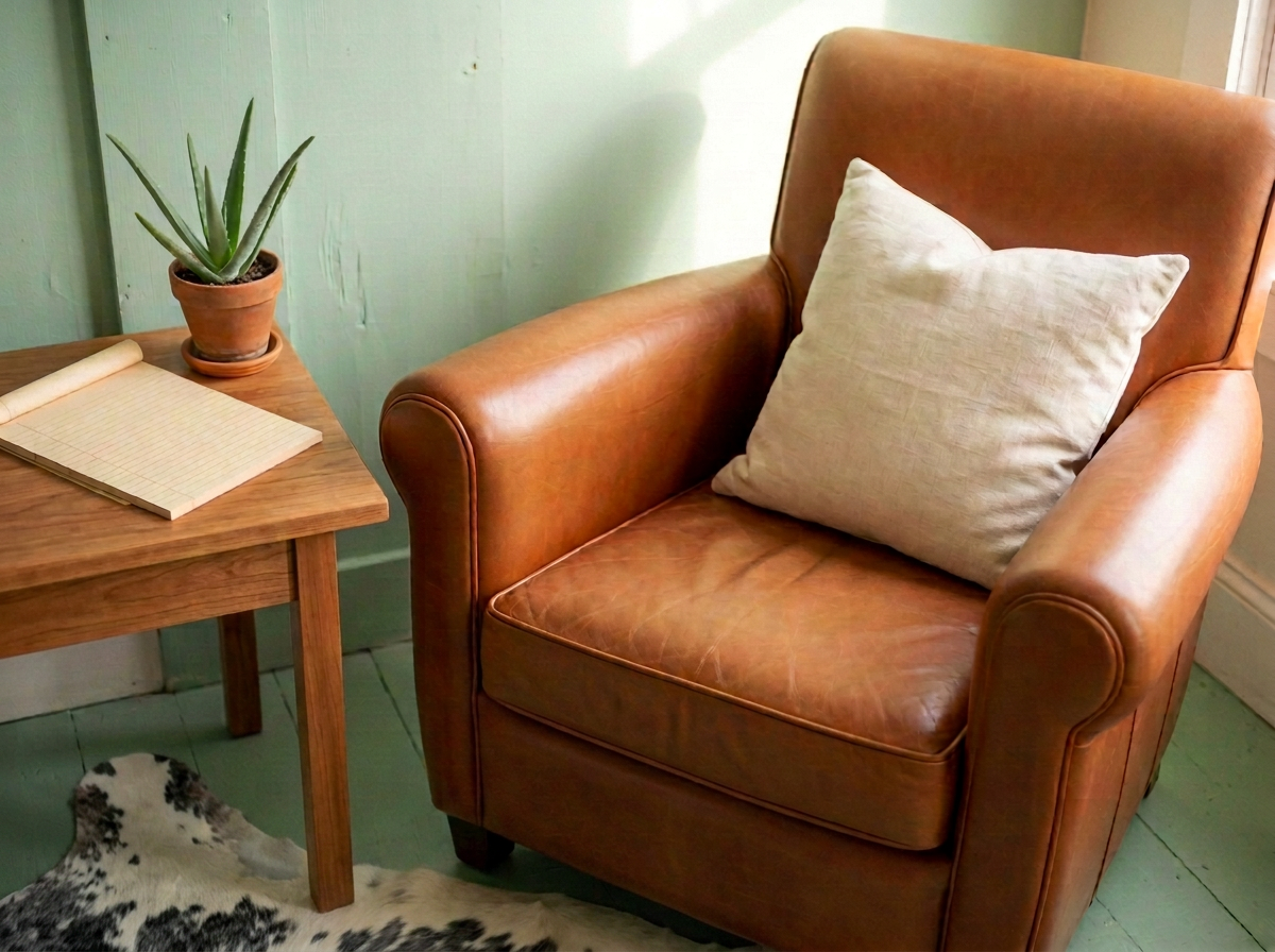 A leather armchair beside a small table holding a blank notebook and a potted aloe, with the edge of a black-and-white cow hide rug on the floor